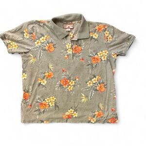 Caribbean Joe Olive Green Floral Polo with Orange & Yellow Blooms
